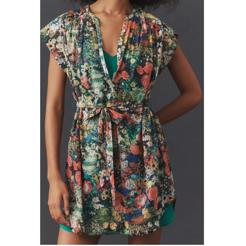 MOTHER The Slow Ride Mini Shirt Dress Floral Print Green Medium